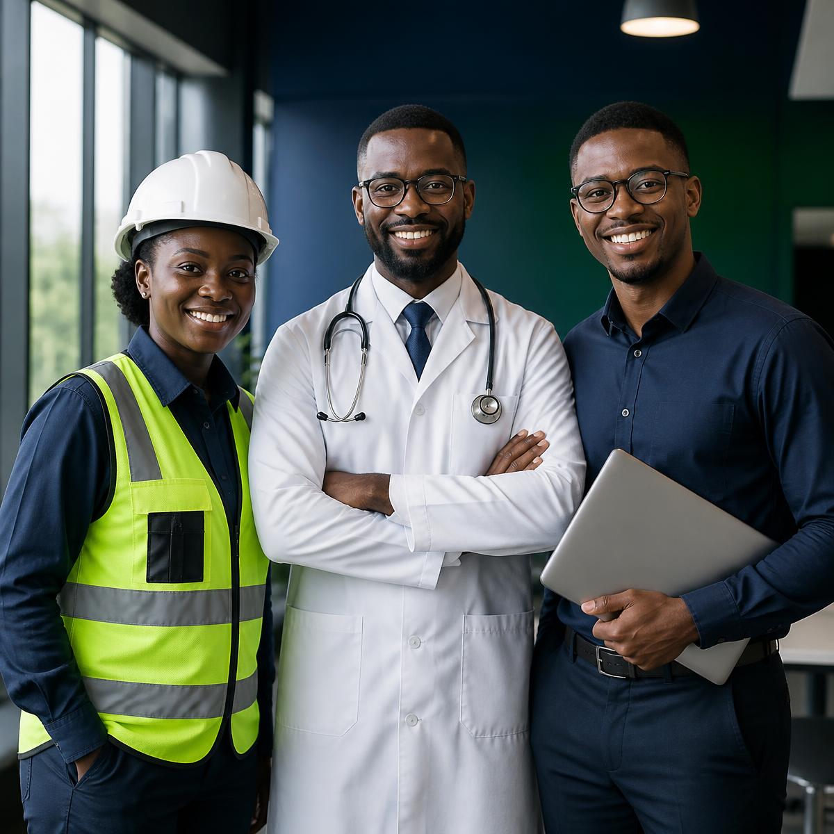 Zimbabwean professionals from engineering, healthcare and technology standing together in a modern office